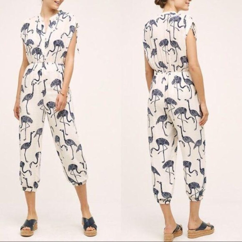 Anthropologie White Jumpsuit with Navy Flamingo Print